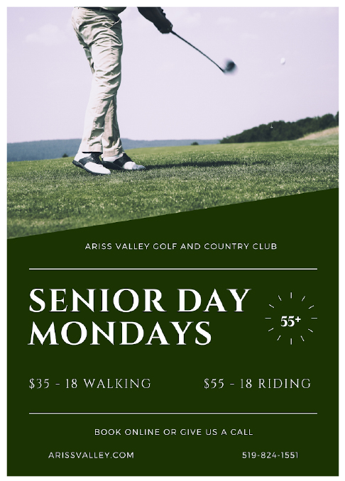 Senior Day Mondays 🏌️
55+

$35 - 18 Walking
$55 - 18 Riding

Book online or call
arissvalley.com
519-824-1551

#seniorsgolf #golf #ariss #arissvalleygolf