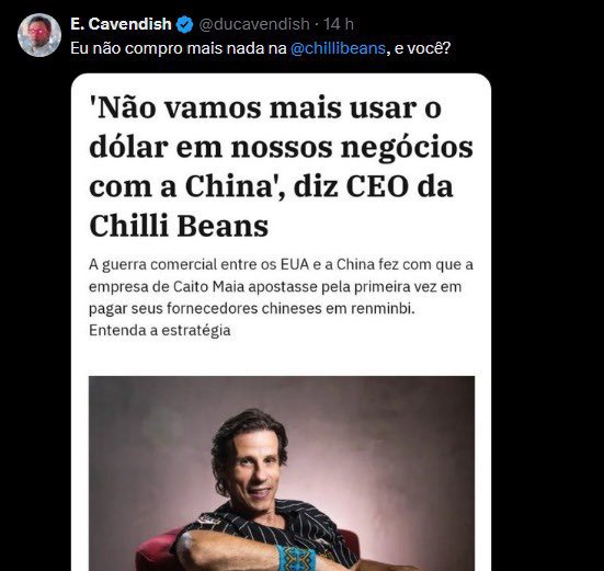 Chilli beans agora vai virar a maior marca de óculos do planeta. Por que? 

Por que cavendish quer boicota-la e ele é simplesmente o ser humano mais viciado em errar previsões do planeta terra