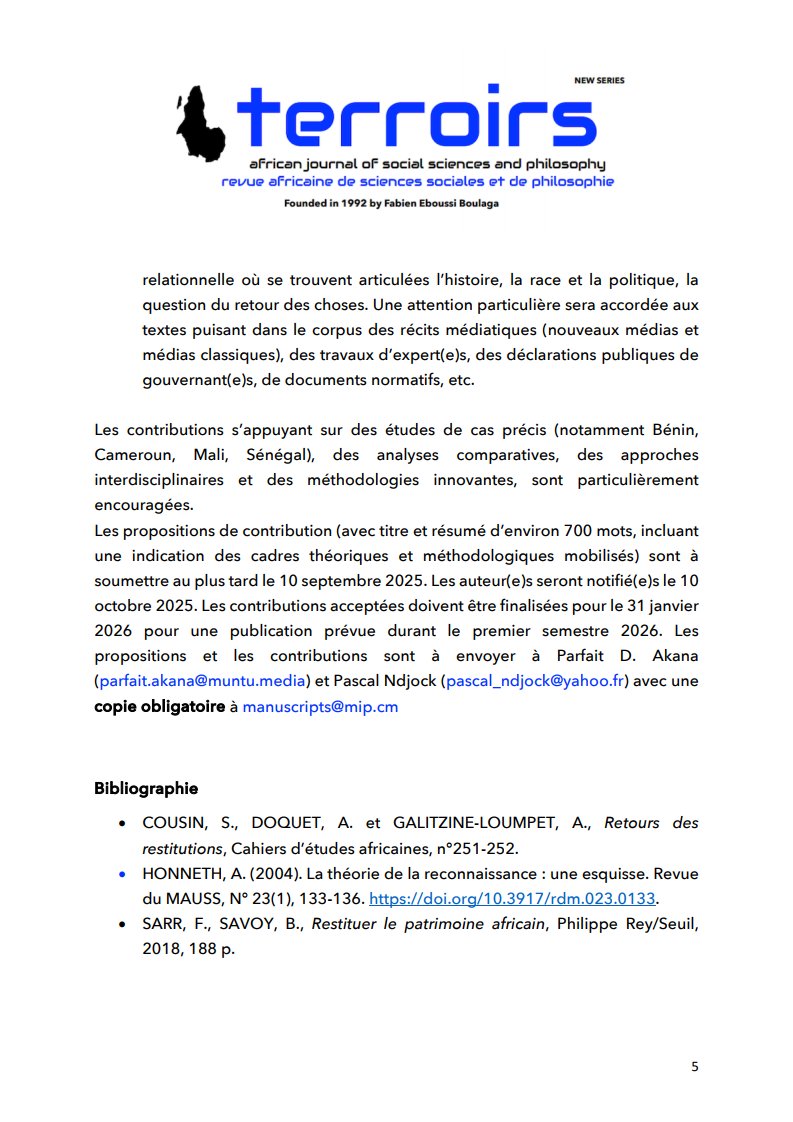 revue_terroirs's tweet photo. Appel à contributions [Terroirs - Nouvelle Série], (2)

@MuntuInstitute @muntu_media @ParfaitAkana
@StellaTchuisse @NTD2132023 @quaibranly https://t.co/NUbUNUbQK6