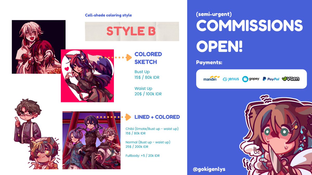 gokigenlys's tweet photo. [RTs Appreciated!!❤️]

Final project drained my funds and I just need extra money for daily needs before my next pay 😢
No slot limit, but I'll only be accepting until October!

my TOS : https://t.co/zH5RLhDAEC
my VGen: https://t.co/OJeoddVMpL

TYSM! 🙇‍♀️
#commissionsopen #VGenComm https://t.co/PDrEAXebtx