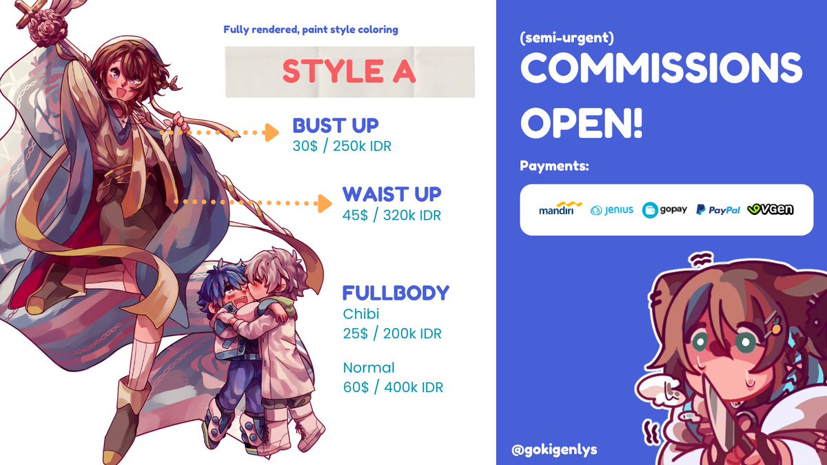 gokigenlys's tweet photo. [RTs Appreciated!!❤️]

Final project drained my funds and I just need extra money for daily needs before my next pay 😢
No slot limit, but I'll only be accepting until October!

my TOS : https://t.co/zH5RLhDAEC
my VGen: https://t.co/OJeoddVMpL

TYSM! 🙇‍♀️
#commissionsopen #VGenComm https://t.co/PDrEAXebtx