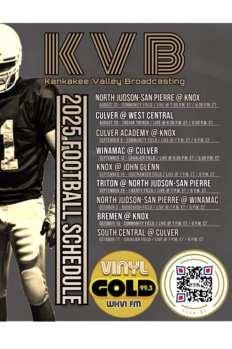 KVBsports's tweet photo. Kankakee Valley Broadcasting’s WKVI 2025 Football schedule is set! Make sure to listen to us live on 99.3 FM or on your phone HERE - https://t.co/sUkP5tF9yV
•
KVB’s WKVI Sports is BACK!!! 💪 Are you ready???
#kankakeevalleybroadcasting #ThisIsYourIHSAA https://t.co/MHWhuE3JP6