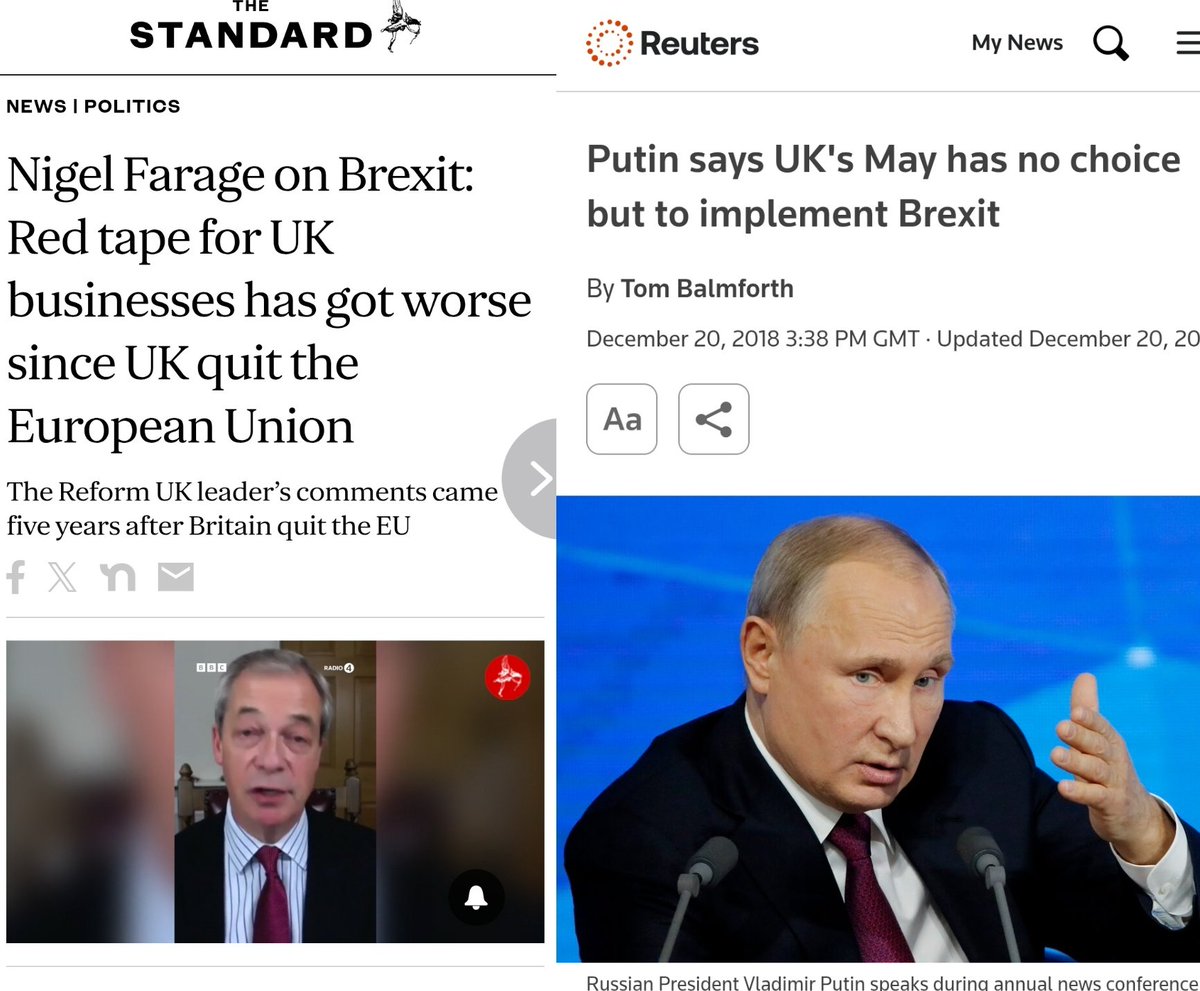 Nigel Farage admits that Brexit, a policy that both he and Putin supported, has hurt the UK  economy.

And he still supports it...

Deliberately working against the interests of the British people, fulfilling the wishes of a hostile foreign power?

Feels like treason to me. 🤷🏿‍♂️