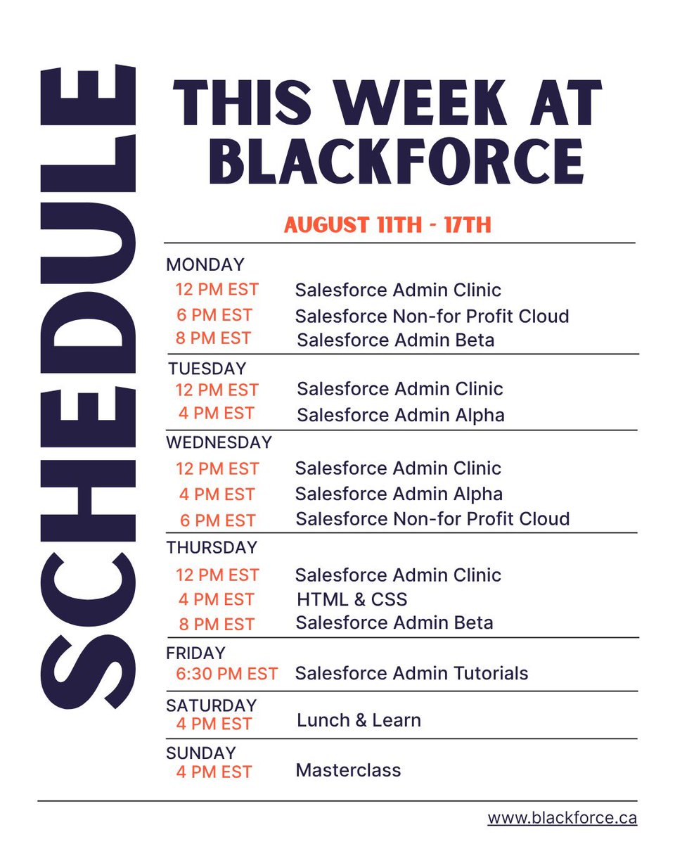 BlackforceHQ's tweet photo. This Week At Blackforce- Agust 11th through 17th: 📅

(1) Admin Alpha (Tuesday &amp; Wednesday) at 4 PM EST  

(2) Admin Beta (Monday &amp; Thursday) at 8 PM EST

(3) Admin Clinic (Monday to Thursday) at 12 PM EST 

(4) HTML &amp; CSS (Thursday) at 4 PM EST - 6 PM EST https://t.co/uRgVLLFuMa