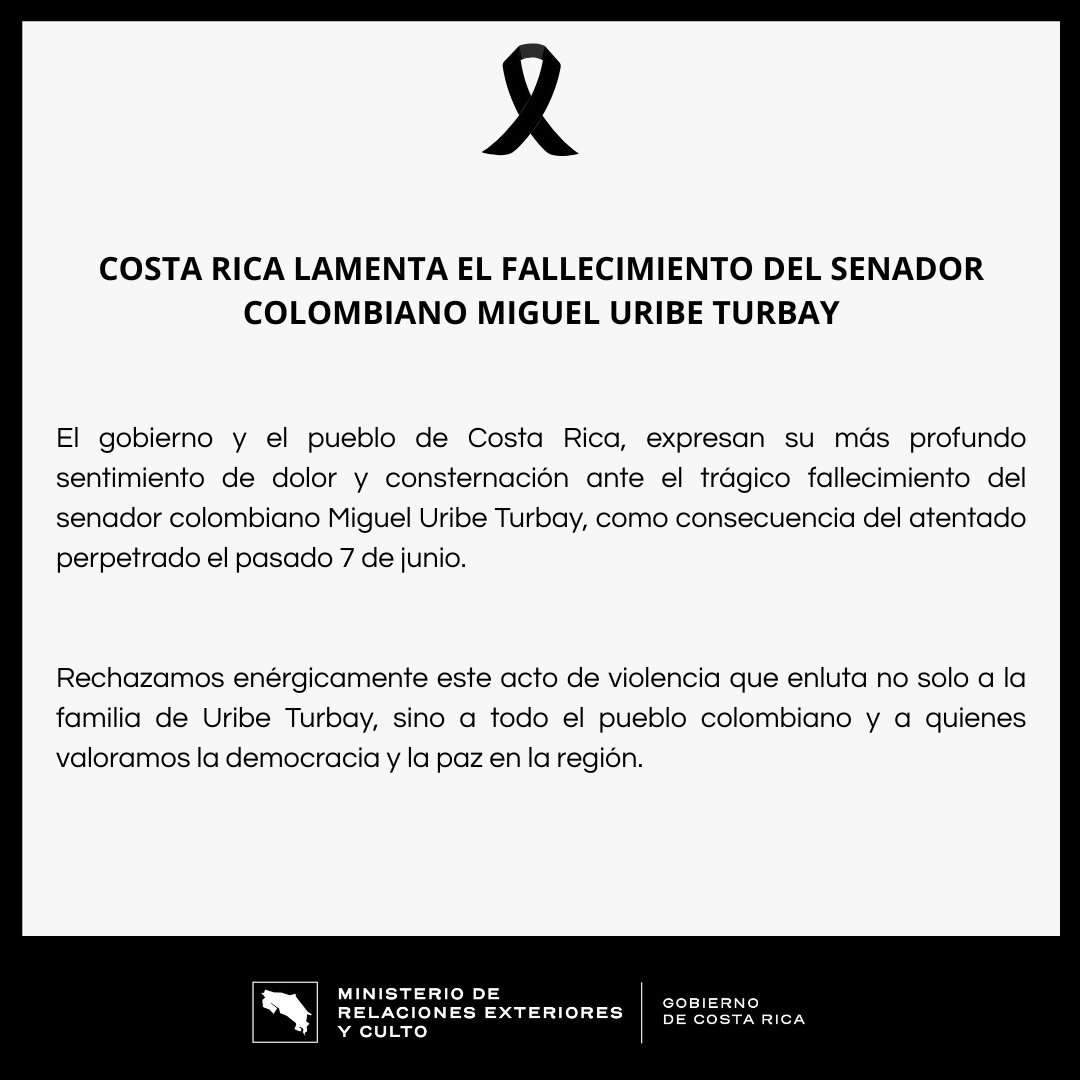 Costa Rica lamenta el fallecimiento del senador colombiano, <a href="/MiguelUribeT/">Miguel Uribe</a>