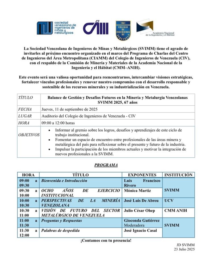 La Sociedad Venezolana de Ingenieros de Minas y Metalúrgicos (SVIMM) tiene el agrado de invitarles al próximo encuentro organizado en el marco del Programa de Charlas del Centro de Ingenieros del Área Metropolitana (CIAMM) del Colegio de Ingenieros de Venezuela (CIV).
