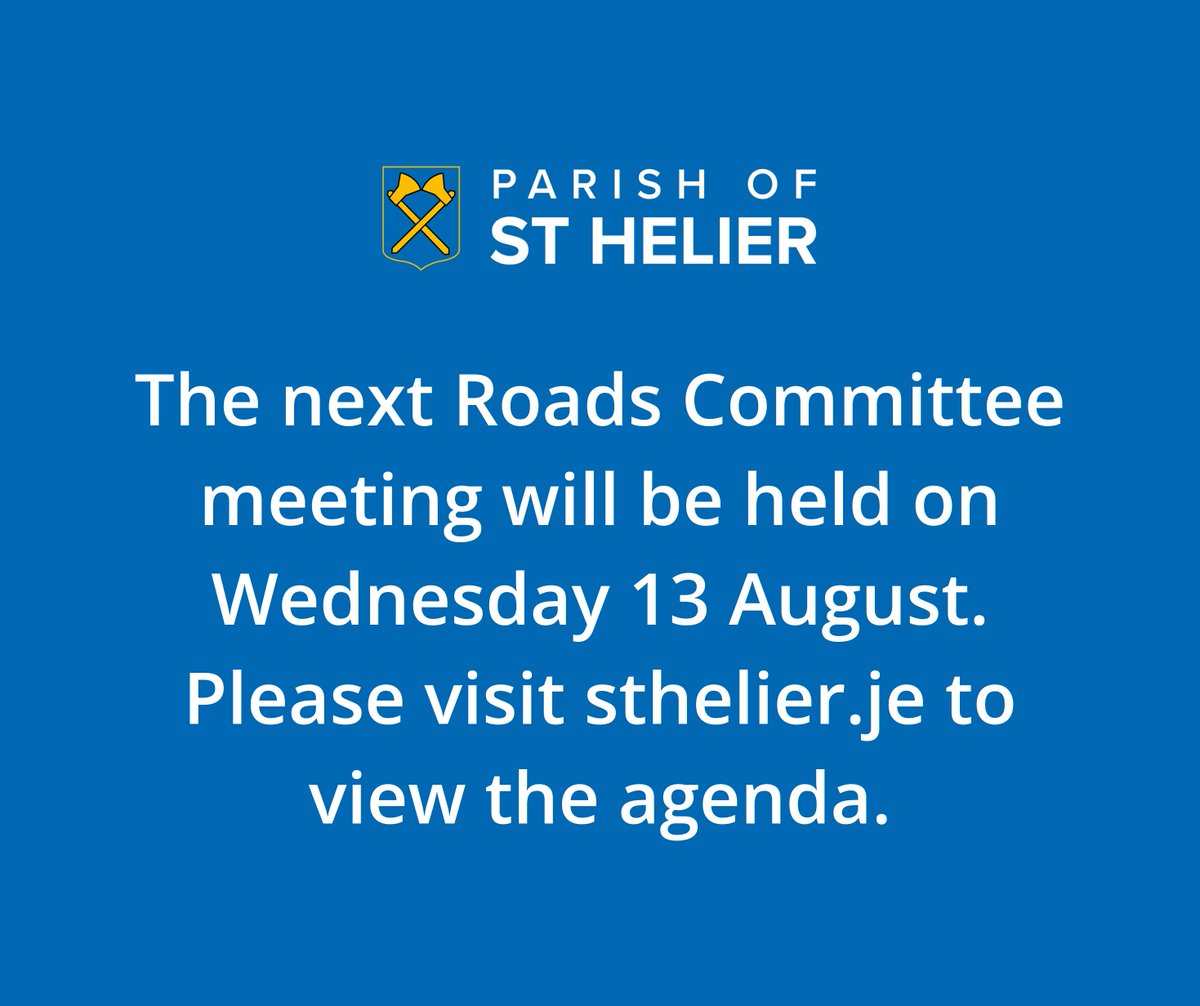 StHelierJsy's tweet image. The next roads committee meeting will be held on Wednesday, 13 August at 9.30 am. 

To find out more please visit sthelier.je

#parishofsthelier #jerseyci #roadscommittee #parishroads #Infrastructure #meetingnotice
