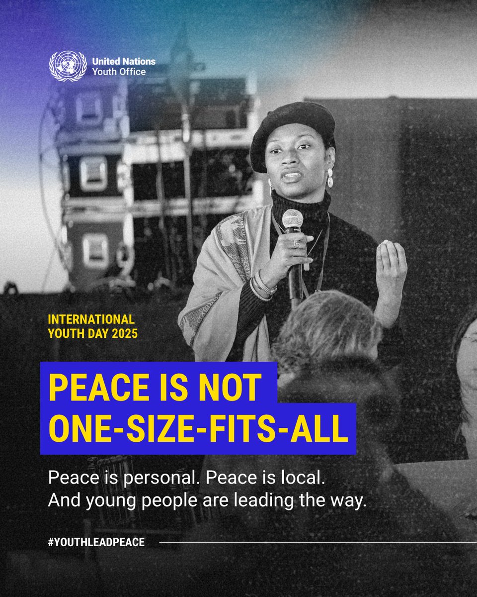 UNYouthAffairs's tweet photo. Peace is more than the absence of war. 

It’s dignity, opportunity, inclusion, safety, justice and hope. 

And #YouthLeadPeace — every day, everywhere.

Stay tuned and get ready to contribute to the global conversation starting tomorrow 🕊️🔵 https://t.co/AklldDyzM8