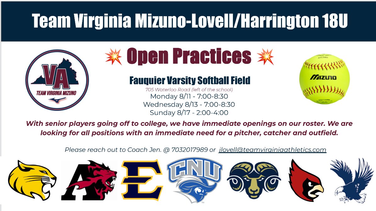 🚨🚨Tryout-looking for a catcher and outfielder! 🚨🚨
@<a href="/TeamVA_Mizuno/">Team Virginia Athletics</a> <a href="/jenmlovell11/">Jmlovell</a> <a href="/lmtzgr/">Lee Metzger</a> @TeamVAGottfried <a href="/TeamVa18u/">Team Virginia Mizuno - Harrington</a>