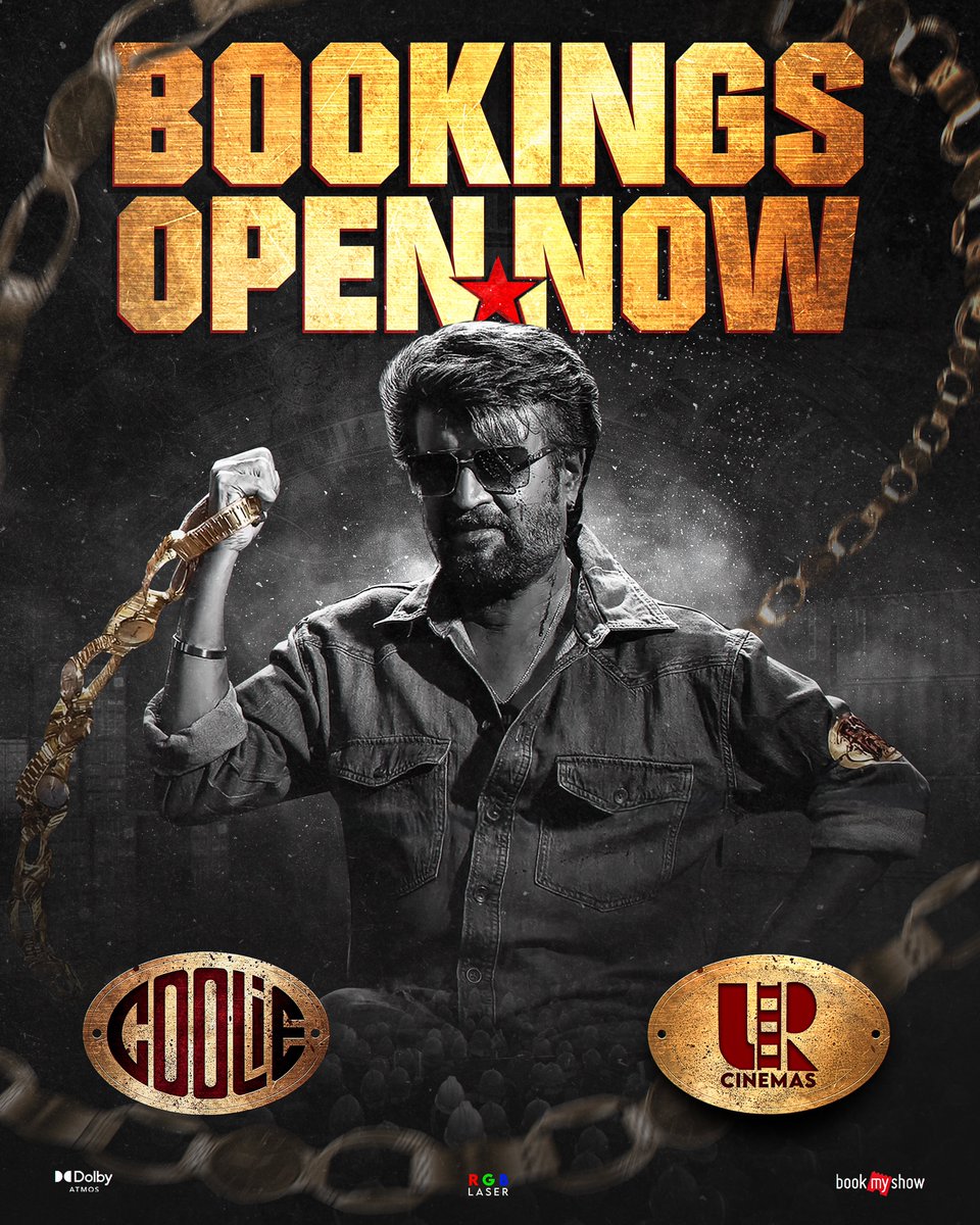 Time for Takeover 🤩🤘🏽 Bookings open now for #Coolie in both the screens till Sunday 🌟 Counter bookings will open on a later date!!! #CoolieatRajendra