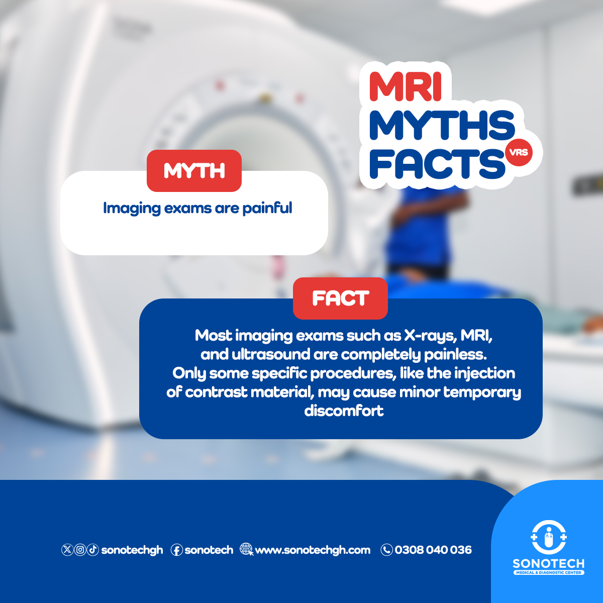 Sonotechgh's tweet photo. 💡 Happy Monday. Do you believe these myths about MRI? Let's set the record straight and get to the facts 📚
👉 Let's get informed, not misinformed🙅♂️ At Sonotech, we are committed to providing accurate and top-notch MRI services 💻.
#MRI #MythVsFact #Sonotech #MedicalImaging https://t.co/xmqfhPzDFP