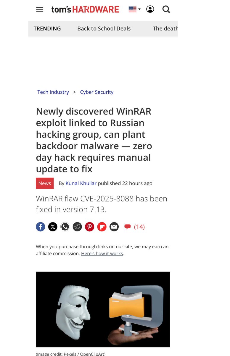 PSA: Update your WinRAR. Actively exploited Vulnerability has been discovered.

>Newly discovered WinRAR exploit linked to Russian hacking group, can plant backdoor malware — zero day hack requires manual update to fix