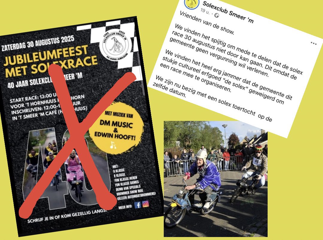 De gemeente Westerkwartier geeft geen vergunning voor de solexrace die op 30 augustus in Kornhorn zou worden gehouden ter ere van het 40-jarig jubileum van Solexclub Smeer ‘m. Het regent daarom verbaasde reacties: “Zijn ze helemaal gek geworden bij de gemeente?”