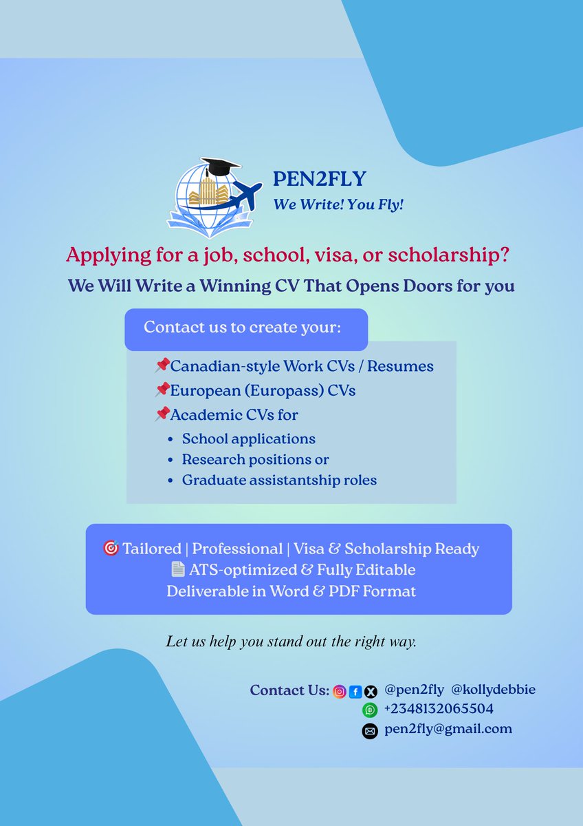 Kollydebbie's tweet image. 🎯Don’t just apply, Apply to win!🚀

With our expertise, we will craft you a tailored CV/Resume that make you stand out and get noticed anywhere in the world. 🌏 
Dm @Kollydebbie today to get your winning CV.😉

#CVWriting #Scholarship #StudyAbroad #WorkAbroad #ChividoMiami2025…