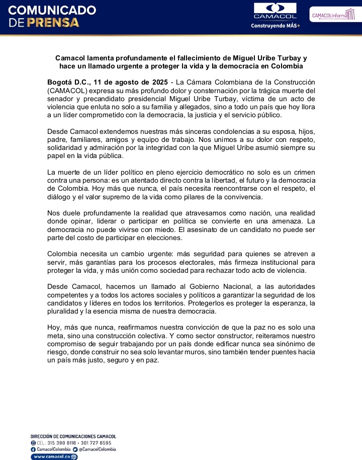 Camacol lamenta profundamente el fallecimiento de Miguel Uribe Turbay y hace un llamado urgente a proteger la vida y la democracia en Colombia

La Cámara Colombiana de la Construcción (CAMACOL) expresa su más profundo dolor y consternación por la trágica muerte del senador y
