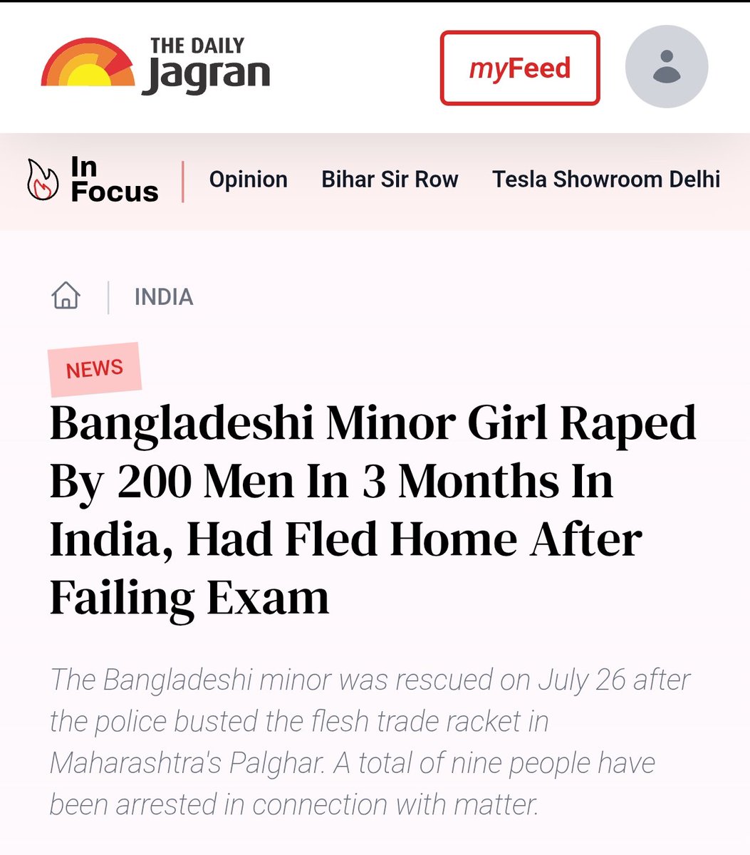 A 12-year-old Bangladeshi minor girl rap*d by 200 people in three months in India, she had run away from home after failing in exam.

The acquaintance secretly brought her to India and pushed her into human trafficking trade.

She was rescued along with four others in Palghar on