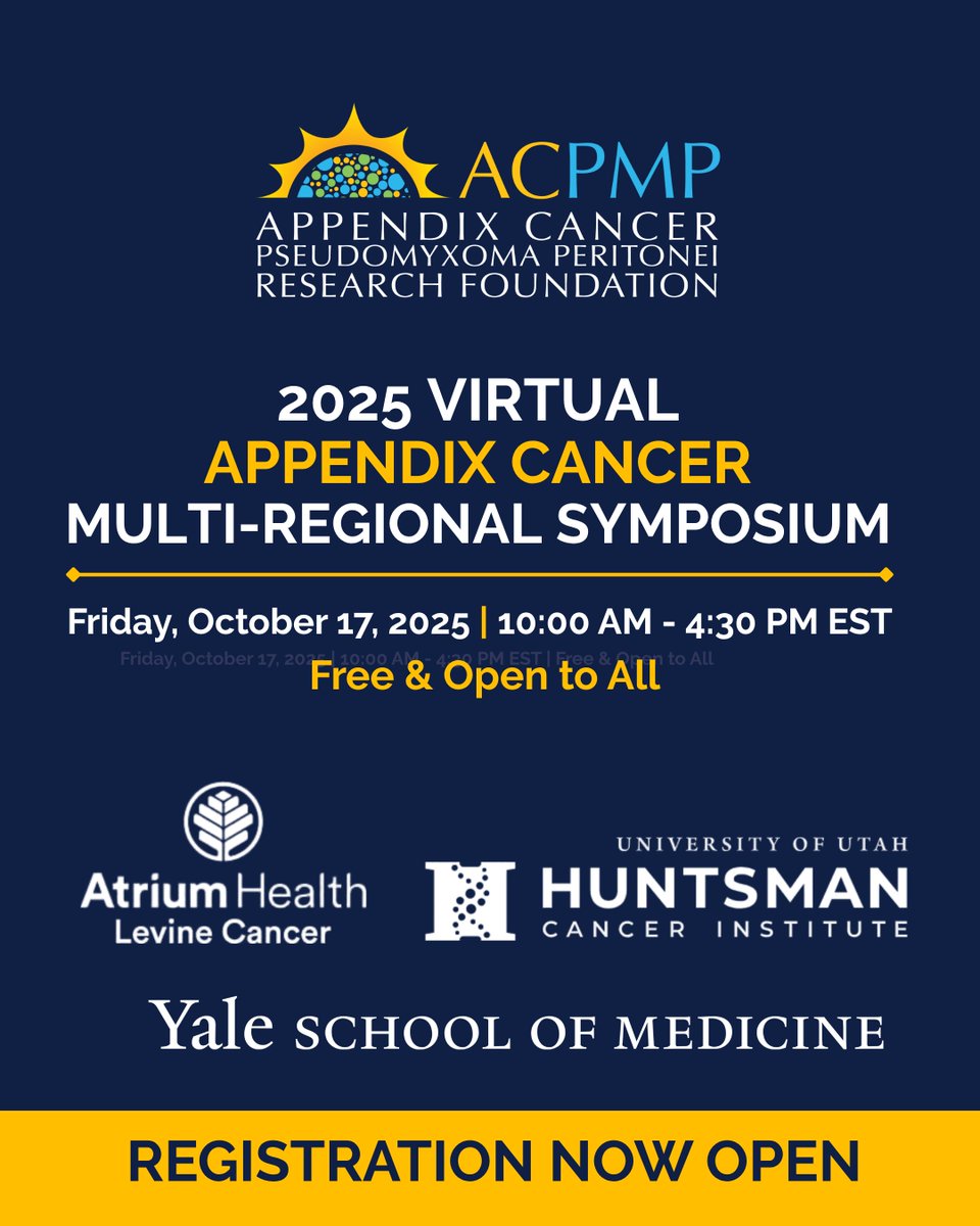 acpmpresearch's tweet image. Registration is now open for the annual Appendix Cancer Multi-Regional Symposium – our biggest educational event of the year!

📅 Fri, Oct 17 | 10 AM–4:30 PM ET | Online &amp;amp; Free

Register: events.zoom.us/ev/AlbNeGm7qUO…

#appendixcancer #rarediseases #amberforappendixcancer