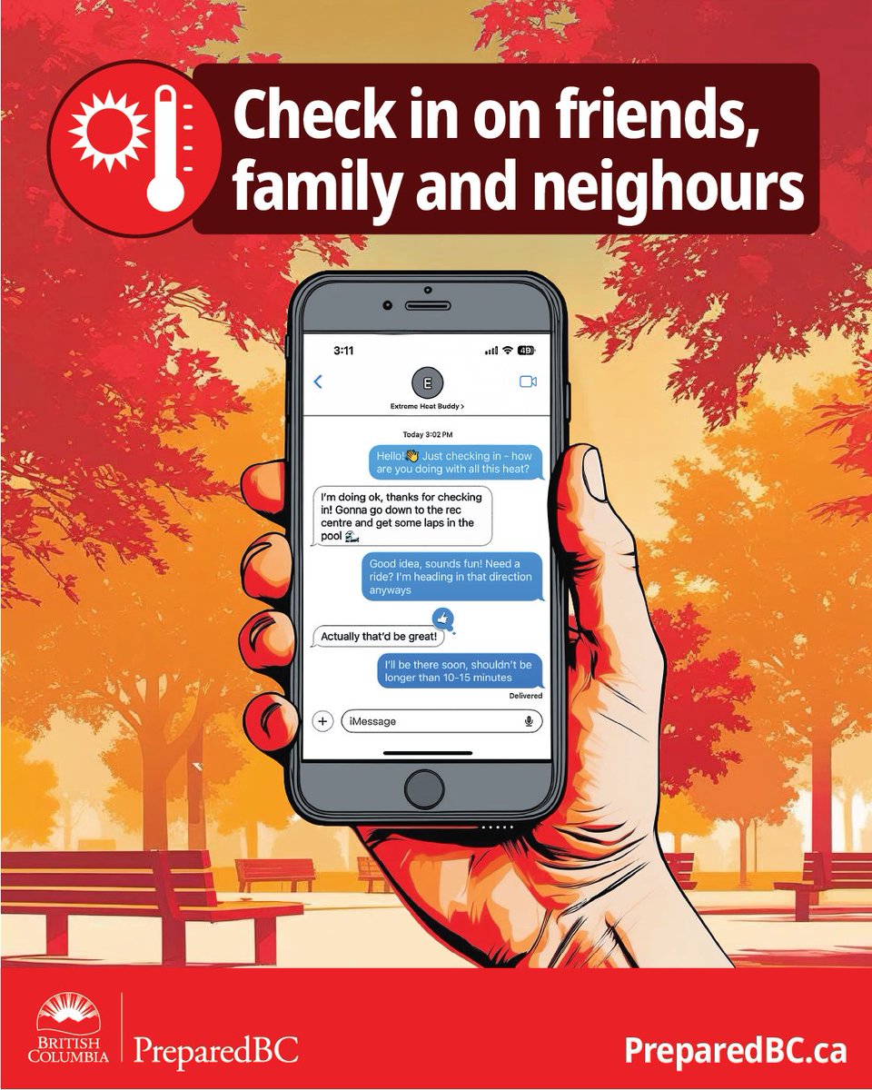 During hot weather, check in on family, friends and neighbours (especially older adults) to make sure they’re staying hydrated &amp; spending time in cool spaces ☀️  

If you live alone, find a buddy who can check in on you.  

Learn more: PreparedBC.ca/ExtremeHeat #BCHeat