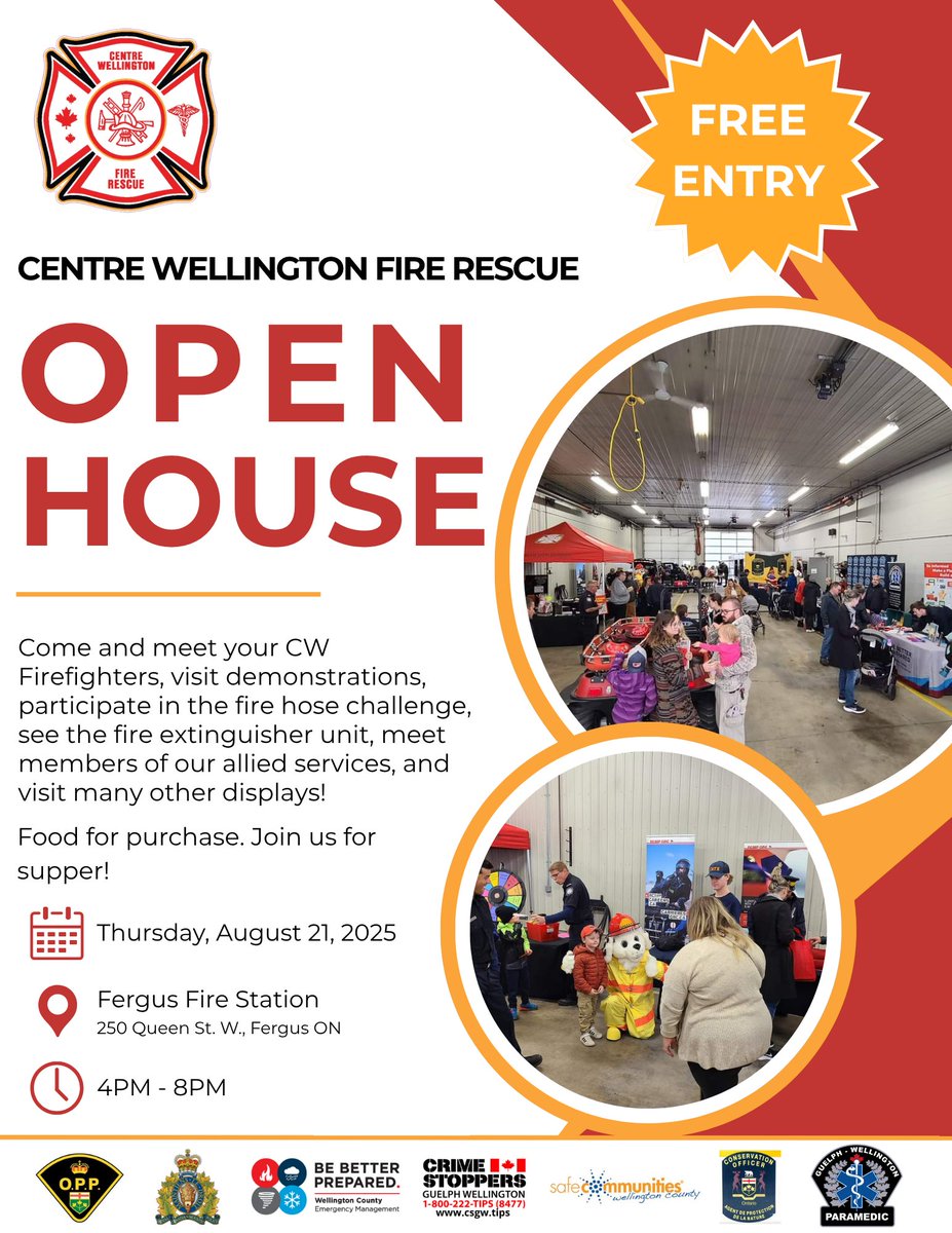 Come meet your Centre Wellington Firefighters, visit demonstrations, participate in the fire hose challenge, and so much more at the Centre Wellington Fire Rescue Open House on Thursday, August 21, from 4PM to 8PM!

We'll see you then!