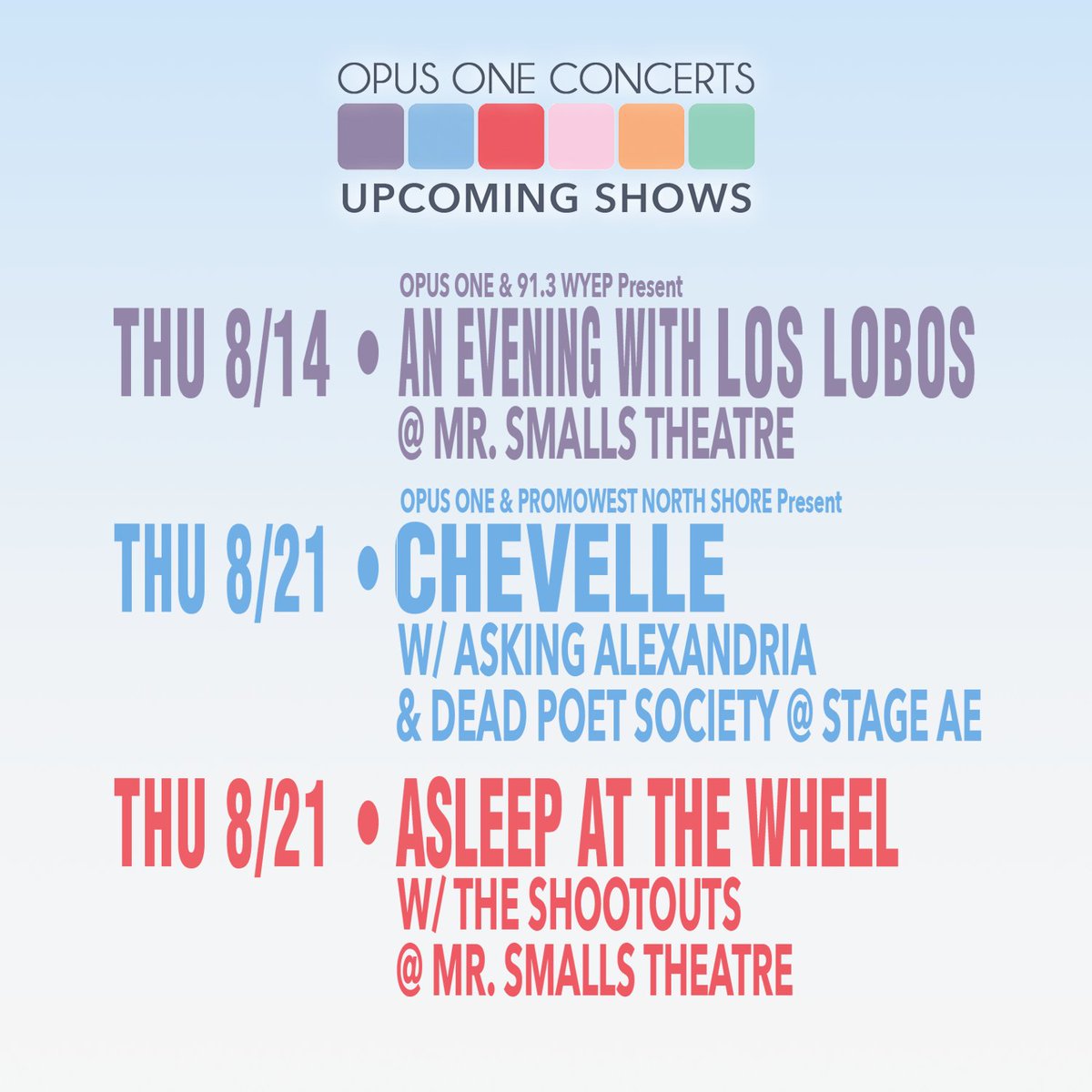 🚨🗓 UPCOMING SHOWS 🗓🚨

Coming to <a href="/MrSmallsTheatre/">Mr Smalls Theatre</a> 

Presented By <a href="/opusoneprod/">Opus One Productions</a> &amp; <a href="/WYEP/">91.3 WYEP</a>

08/14 | An Evening with @loslobosband Disconnected

08/21 | <a href="/AATW1970/">Asleep at the Wheel</a> Riding High Tour with special guests <a href="/shootoutsmusic/">The Shootouts</a>

🎟️ Buy Tix: tinyurl.com/2krh6fsf