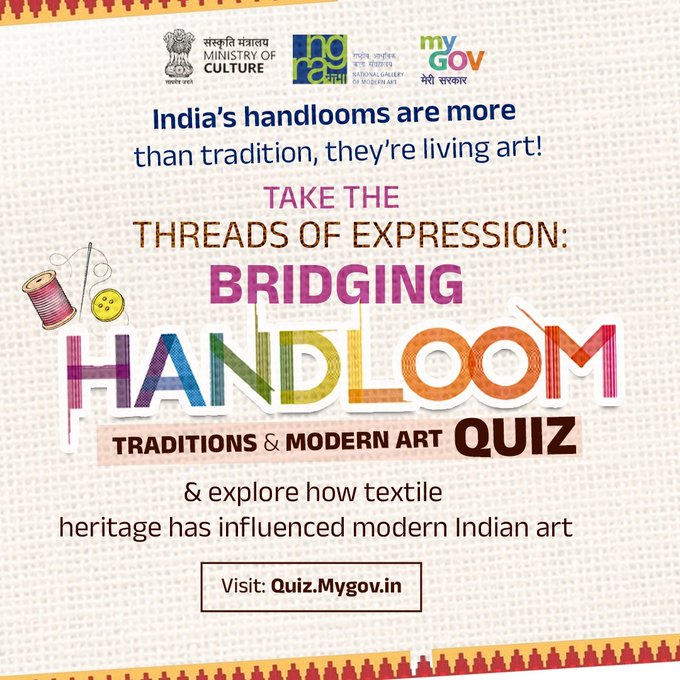transformIndia's tweet image. India’s handlooms tell tales of tradition and modern flair!

Celebrate this craftsmanship in the Threads of Expression Quiz where heritage meets contemporary Indian art.

👉quiz.mygov.in/quiz/threads-o…

#NationalHandloomDay #ThreadsOfExpression