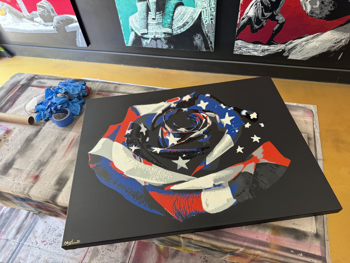 BillyMorrison's tweet image. New Work. “STARS, STRIPES AND PETALS” - 40” x 30” Acrylic and spray on canvas. A companion piece for “English Rose” perhaps? Available now. Email info@billymorrisonart.com or direct message for more details.