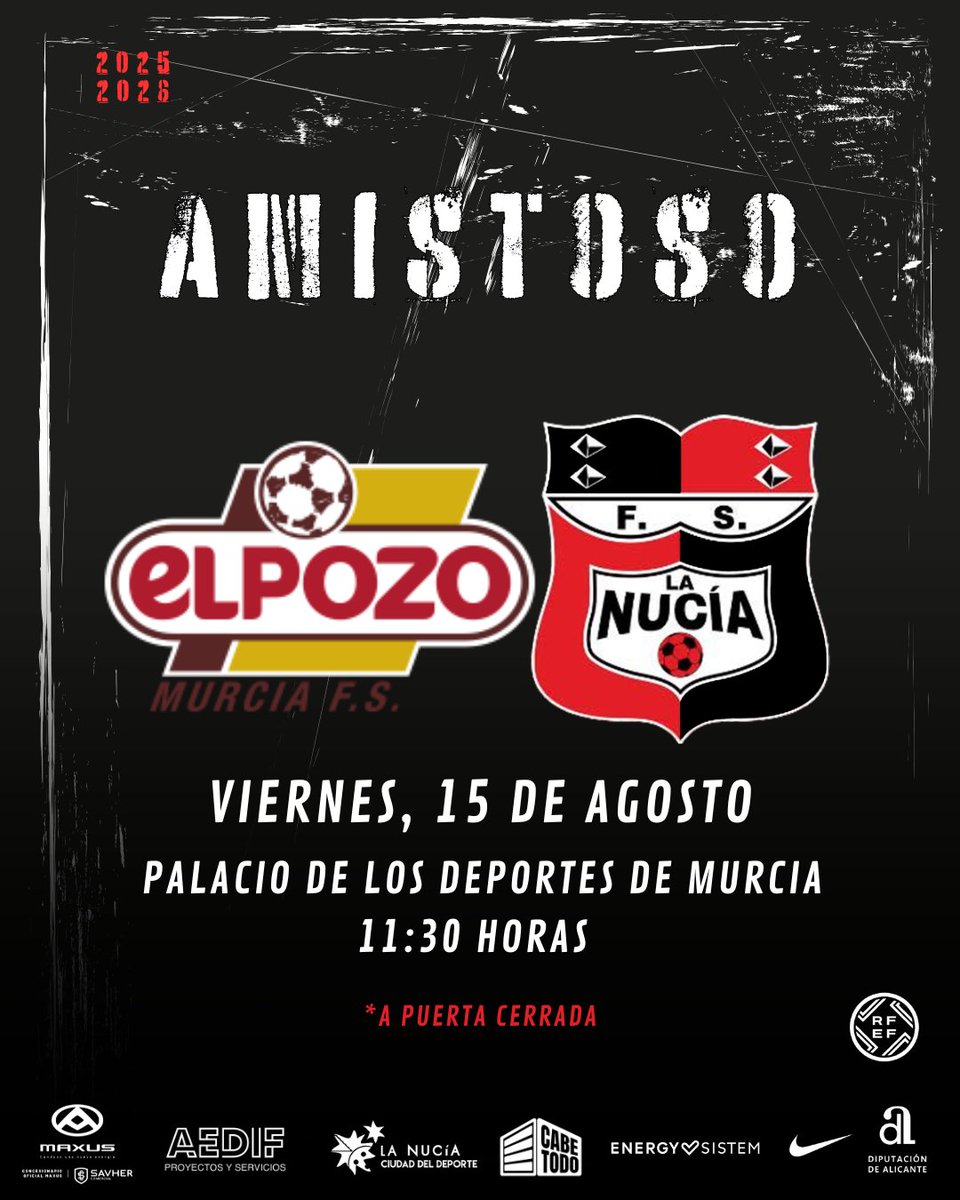 CD Sporting FS La Nucía (@cdnuciafs) on Twitter photo ‼️¡AFICIÓN! Os traemos el primer amistoso...
🤩...¡Y QUÉ AMISTOSO!
🆚 <a href="/ElPozoMurcia_FS/">ElPozo Murcia Costa Cálida FS</a>
📆Viernes, 15 de agosto
⌚️11:30h
📍Palacio de los Deportes de Murcia
❌ A puerta cerrada
#vamosnucia❤️🖤 ‼️¡AFICIÓN! Os traemos el primer amistoso...
🤩...¡Y QUÉ AMISTOSO!
🆚 <a href="/ElPozoMurcia_FS/">ElPozo Murcia Costa Cálida FS</a>
📆Viernes, 15 de agosto
⌚️11:30h
📍Palacio de los Deportes de Murcia
❌ A puerta cerrada
#vamosnucia❤️🖤