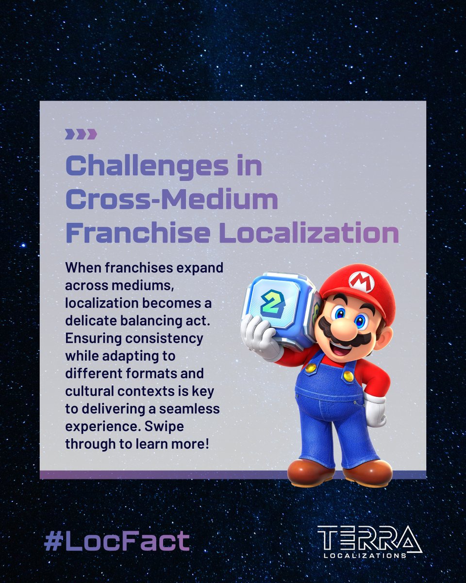 Terra_Loc's tweet photo. 🎮 #CrossMedium franchises = more reach, more fans... and more #Localization challenges.

When franchises expand across mediums, localization teams must work magic to keep the story coherent, compelling, and #CulturallyRelevant. Learn more in this #LocFact.

#Transmedia https://t.co/P1ove28L1O