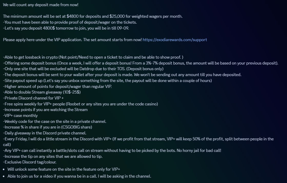 🎉Our new VIP+ system is live.🎉

This is all the perks possible! And you still get the standard perk of a regular VIP. 

☑️Random Retweet Get 100$ + 1 week into VIP+

Keep in mind that it is an extra to everything we do outside.
You can apply here! exodiarewards.com/support