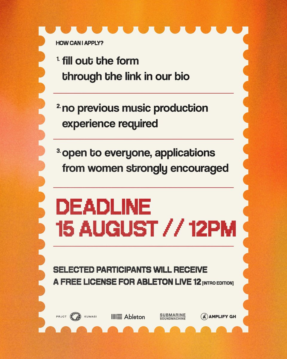 Join us for a FREE 2-Day workshop electronic music production workshop with <a href="/Ableton/">Ableton</a> conducted by <a href="/minamusicuk/">🌥 Mina 🌥</a>

Selected participants will receive a free license for Ableton Live 12  (intro edition)

sign up here: docs.google.com/forms/d/e/1FAI…