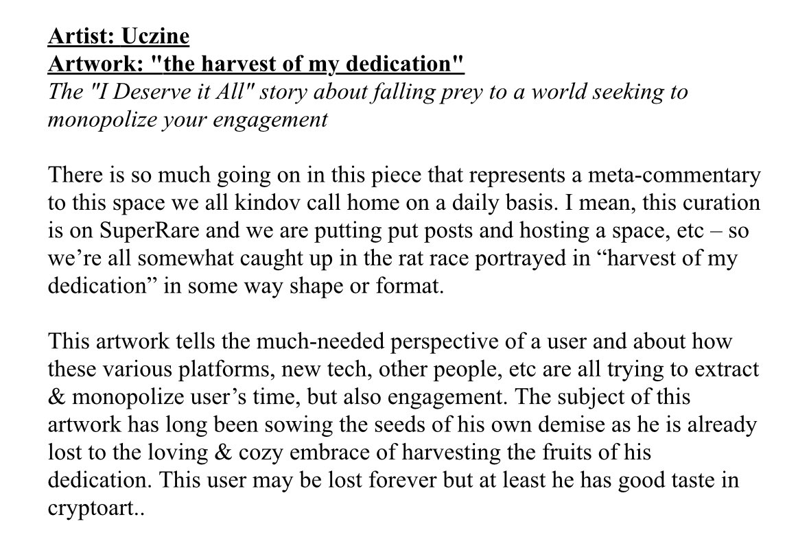 Artist: <a href="/uczine/">uczine</a> 
Artwork: “the harvest of my dedication”

~ The “I Deserve it All” story about falling prey to a world seeking to monopolize your engagement ~

Reserve Price: 0.111 Eth
⛓️‍💥: superrare.com/artwork/eth/0x…