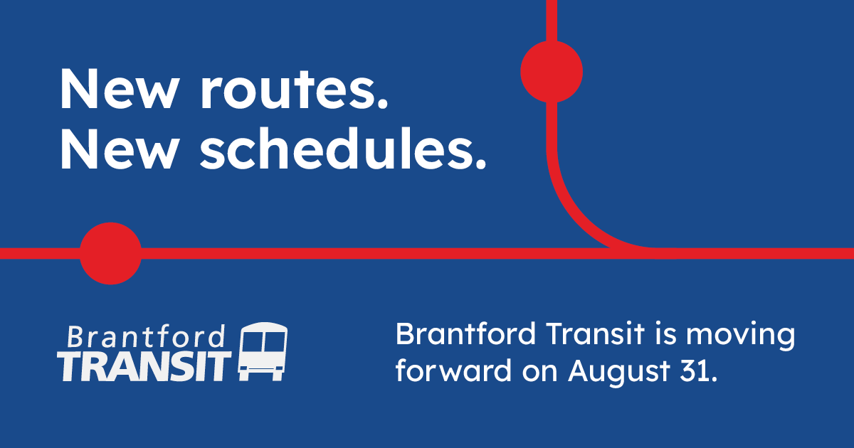 CityBtfdTransit's tweet photo. You helped us reimagine Brantford Transit, and change is on the way. 
New routes. New schedules. Effective August 31.
See what’s new: https://t.co/1O0tjo3znp https://t.co/TAII41jNL8