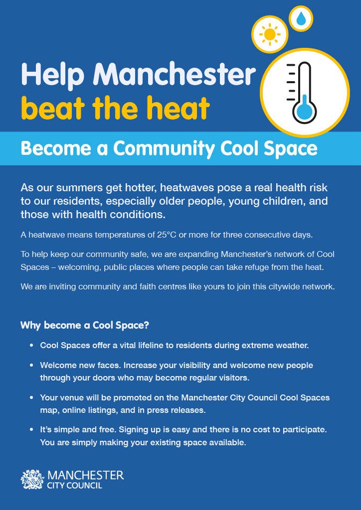 MCC_AFMTeam's tweet photo. To help keep our community safe, we are expanding Manchester's network of #CoolSpaces - welcoming, public places where people can take refuge from the heat.
We are inviting community &amp; faith centres like yours to join this citywide network.
#MakingManchesterFairer #AgeFriendlyMCR https://t.co/Fhw1fg4NHA