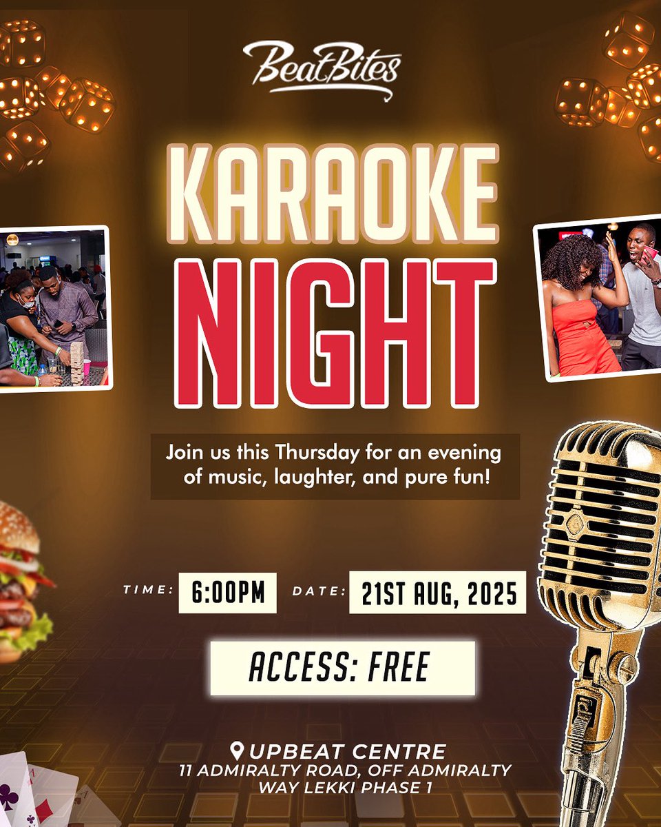 Beatbiteslagos's tweet photo. Karaoke Night is BACK! 🎤💃🎶
Grab the mic, bring your crew, and let’s turn BeatBites into your personal concert hall!🎶💃

Whether you sing like a pro or just for laughs, the stage is yours!🥳

@karaokewithcrez will be LIVE! 🤗

Access is FREE
Date: 21st Thursday, August 2025. https://t.co/lUKNiSxfrB