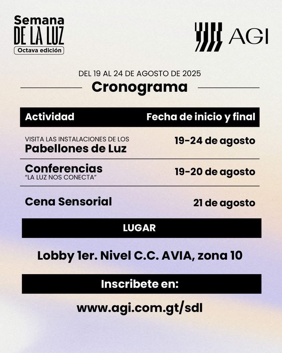 Instalaciones interactivas creadas por estudiantes de la UNIS, URL, UFM y UMD, que exploran la luz como arte, diseño y emoción Viví esta experiencia sensorial y creativa

Pabellones de Luz  Semana de la Luz 2025
19 al 24 de agosto |10:00 am a 8:00 p. m.
Lobby C.C. AVIA, zona 10