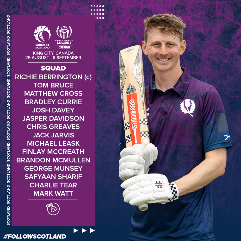 CricketScotland's tweet photo. Your Scotland squad for our ICC Men's Cricket World Cup League 2 series in Canada 💥

#FollowScotland