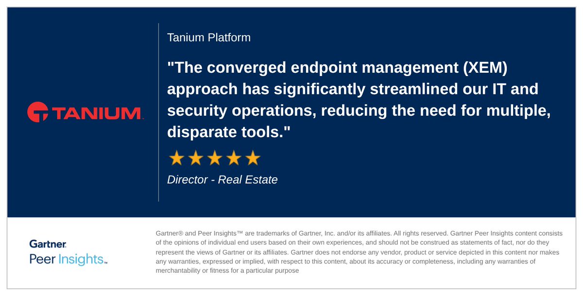 Explore the latest Tanium reviews from <a href="/Gartner_inc/">Gartner</a> Peer Insights™! 

A Director in the Real Estate Industry gives the Tanium Platform a 5/5 Rating in Gartner Peer Insights™ Endpoint Management Tools Market. 

Read why: gtnr.it/45C2qvN