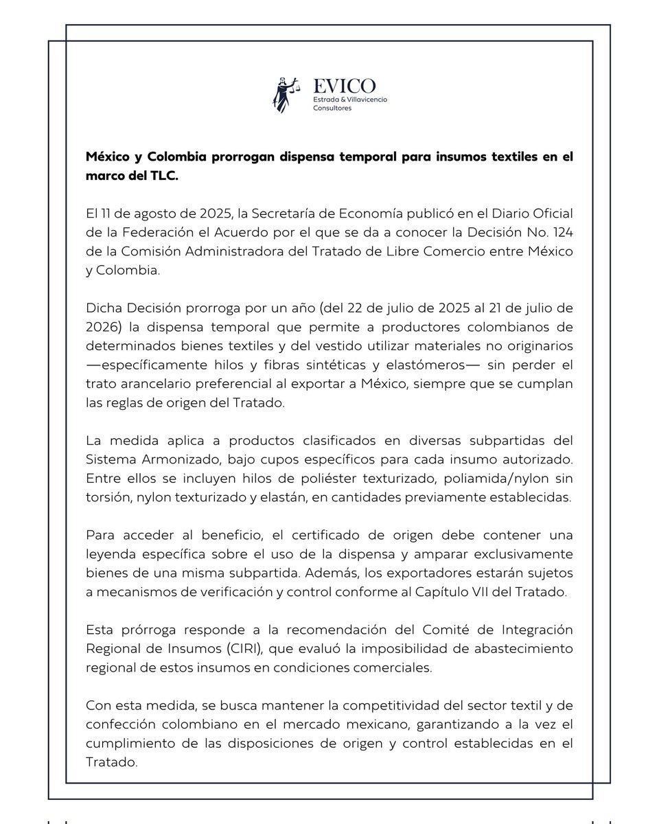 EVIConsultores's tweet image. ⚠️ MANTENTE AL DÍA 

México y Colombia prorrogan dispensa para insumos textiles en el TLC. 

🌐n9.cl/krp6wg

#ComercioExterior #Textil #México #Colombia #EVICO