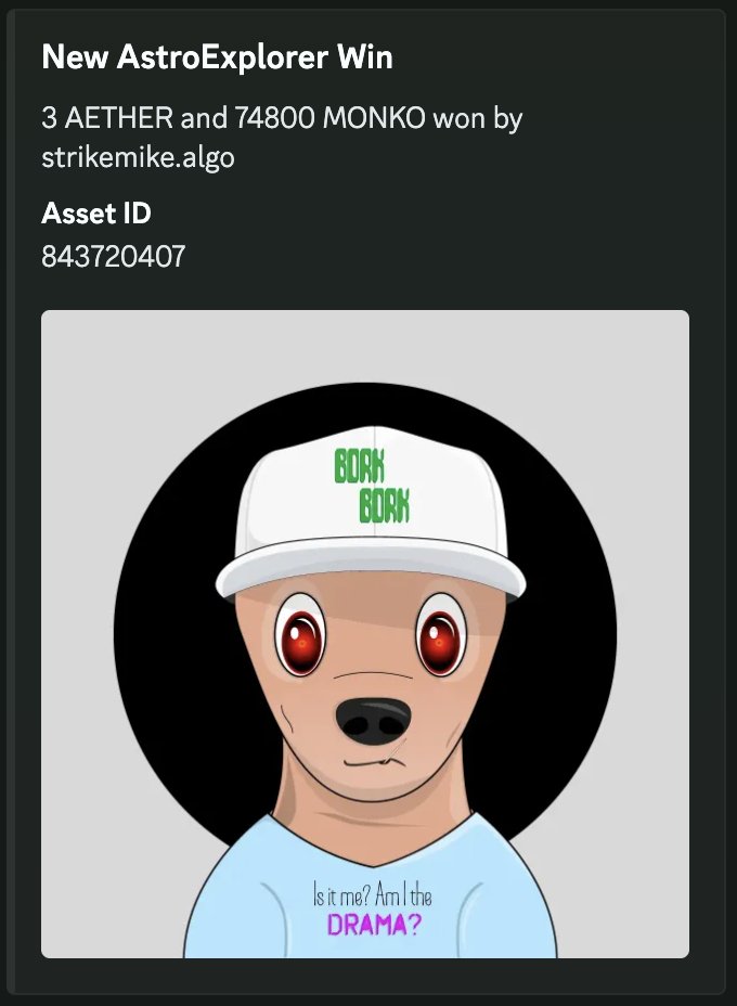 Astro Explorer | Bork Borks & Zerkers (@astro_explorer_) on Twitter photo Are ya winnin', son? ๐ค
<a href="/algo_turtle/">greenturtle.algo</a> and <a href="/MichaelPrefonta/">StrikeMike.algo</a> are winning AETHER and $MONKO in the Astro Explorer retro arcade on $ALGO. ๐ฎ
Official link in bio to play, win, earn, and join the community. ๐ซถ Are ya winnin', son? ๐ค
<a href="/algo_turtle/">greenturtle.algo</a> and <a href="/MichaelPrefonta/">StrikeMike.algo</a> are winning AETHER and $MONKO in the Astro Explorer retro arcade on $ALGO. ๐ฎ
Official link in bio to play, win, earn, and join the community. ๐ซถ