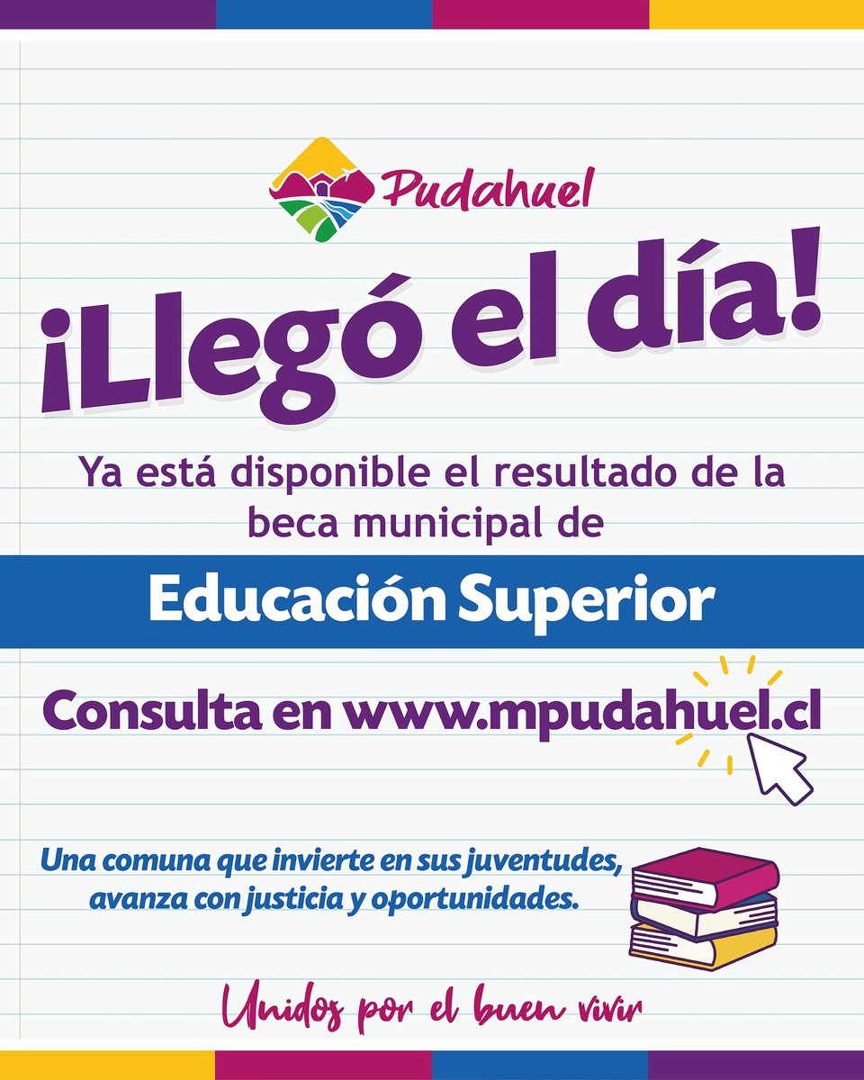 ¡El gran día ha llegado!
Ya puedes conocer los resultados de las Becas Municipales de Educación Superior 2025
Revisa si fuiste seleccionado/a en dideco.mpudahuel.cl/app/dideco/bec…
Porque en Pudahuel, la educación es una prioridad #AsíAvanzaPudahuel
#UnidosPorElBuenVivir