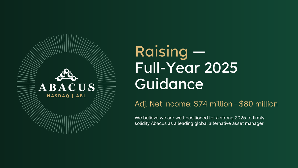 AbacusGM's tweet photo. @AbacusGM (@Nasdaq: $ABL) | Q2 2025 Earnings Highlights

For more information, please visit https://t.co/lepsV0P5KI to download the full Q2 2025 Investor Presentation and Financial Supplement.

For any questions or to continue the conversation, please contact us at info@abacusgm.com or press@abacusgm.com.

Read the earnings press release here:
https://t.co/8czLTCujR0