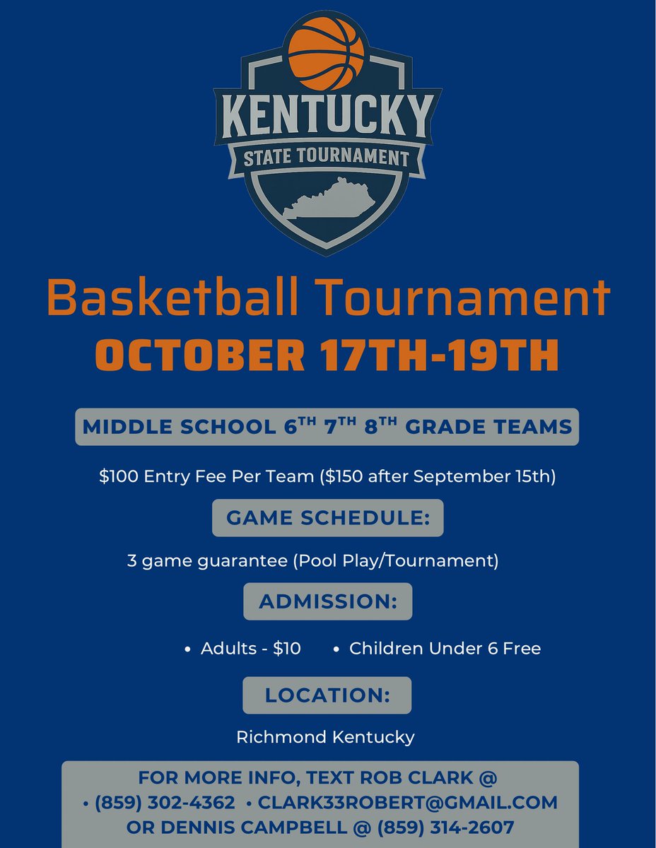 Middle School State Championship!

October 17th-19th held in Richmond Kentucky.

6th, 7th and 8th all played same weekend.  Numerous teams committed.

All Tournament Team, Players if Game.  Interested see flyer below