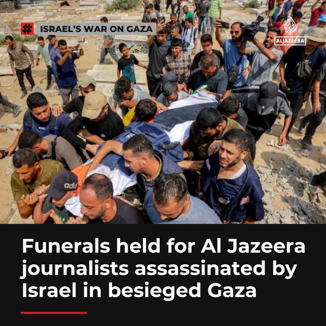 Hundreds of Palestinians in Gaza City have attended the funeral of five Al Jazeera staff, including correspondent Anas al-Sharif, killed in an Israeli air attack outside al-Shifa Hospital.

Read here: aje.io/8vitom