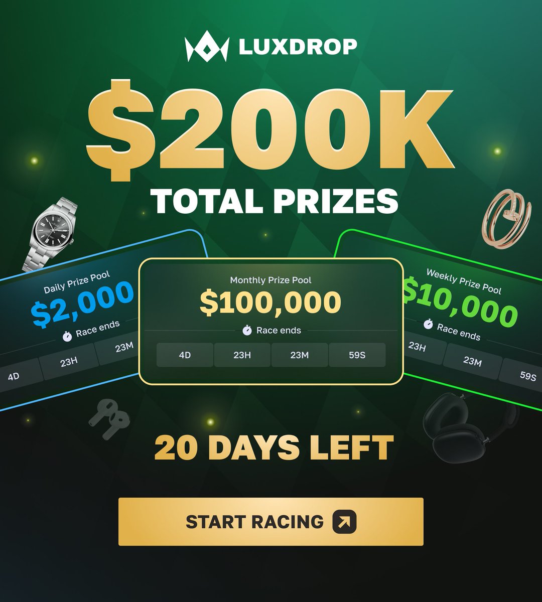 20 days left to climb the $100,000 Monthly Race leaderboard. With $200,000 in total race prizes up for grabs this month, now's the time to make your move.

$100 Giveaway

✅ Follow <a href="/LuxDropCom/">LuxDrop</a> 
✅ Like &amp; Retweet
✅ Tag 1 Friend