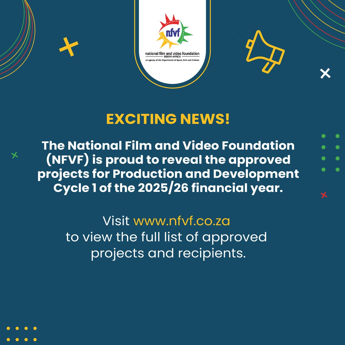 The National Film and Video Foundation (NFVF) is proud to reveal the approved projects for Production and Development Cycle 1 of the 2025/26 financial year.

📄 View the full list here: bit.ly/4mbWiBt

#NFVF #FilmFunding #SouthAfricanFilm #Storytelling #FilmIndustry