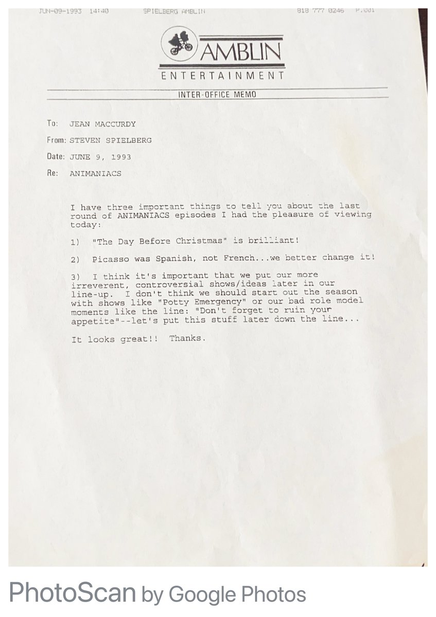 JohnPMcCann2's tweet image. With writing completed on season one of @animaniacs, #StevenSpielberg weighed in with several observations and a recommendation or two. #WarnerBros #tvanimation