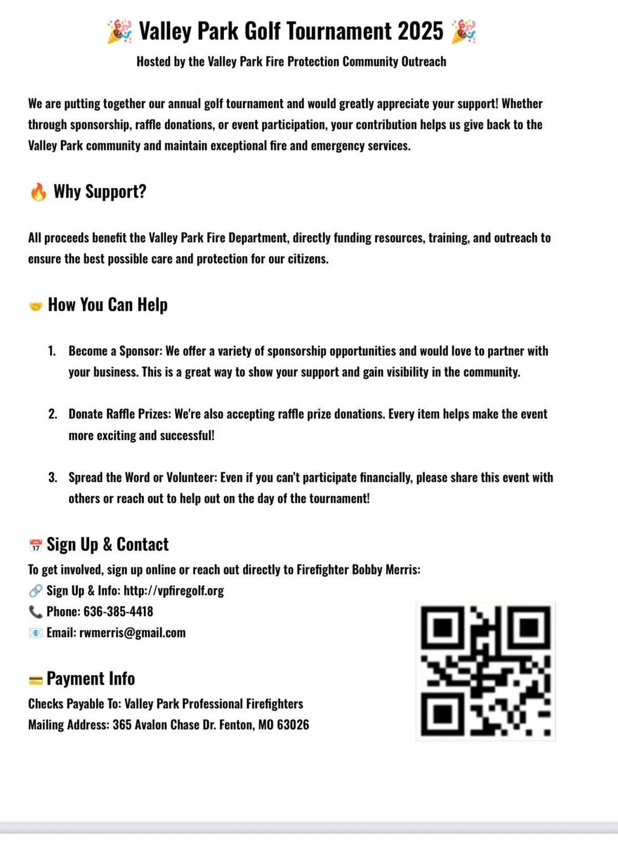 Registration for the 5th Annual Golf Tournament VP Professional Firefighters is now open! September 18th, 2025.  Register your teams by scanning the code or by visiting VpFireGolf.org