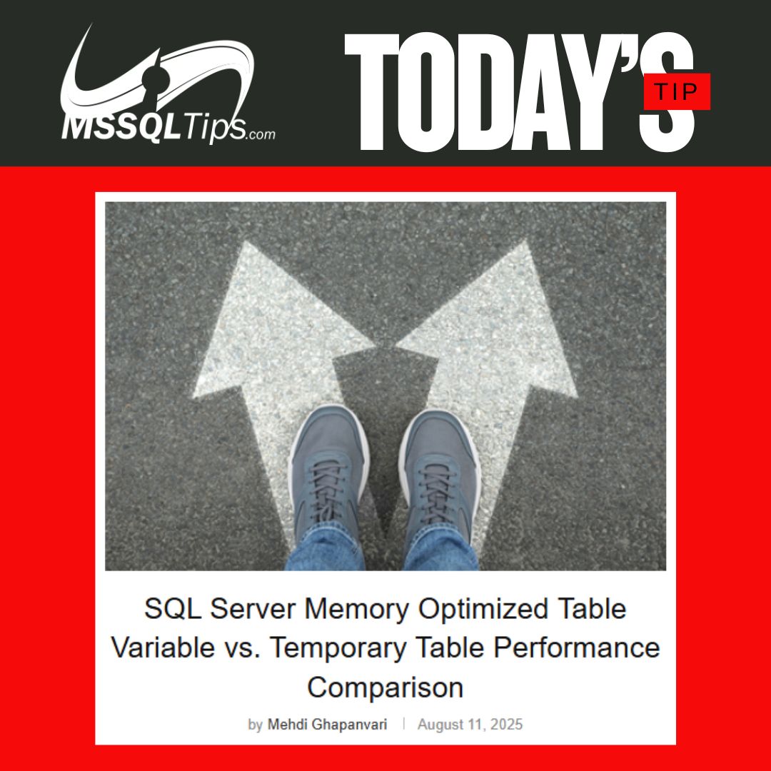 mssqltips's tweet image. Today's Tip | SQL Server Memory Optimized Table Variable vs. Temporary Table Performance Comparison
>> mssqltips.com/sqlservertip/1…
This article looks at a #SQLServer memory-optimized table variable versus a temporary table to see which performs better.
#PerformanceTuning #MSSQLTips