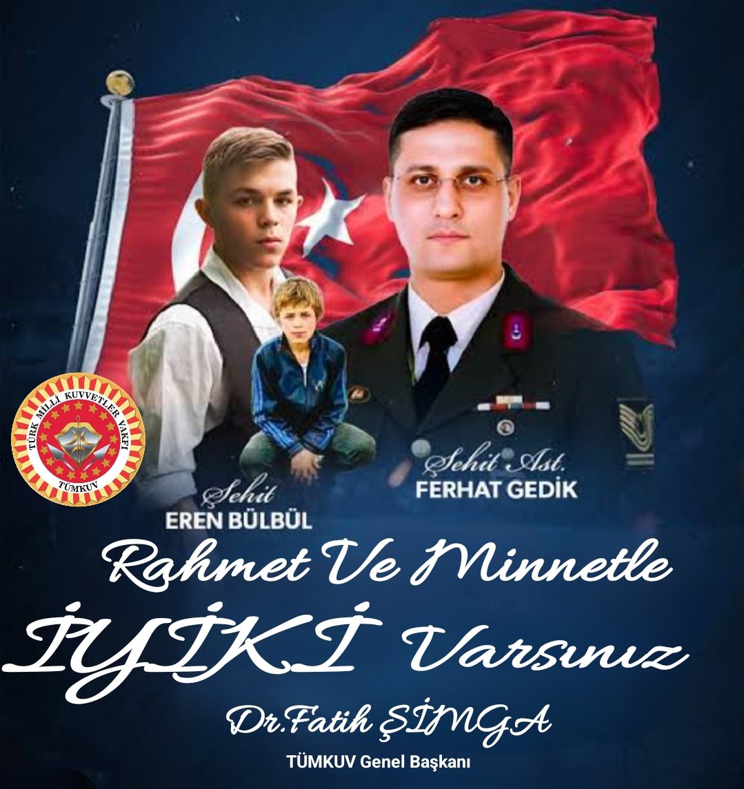 İYİ Kİ VARSIN EREN🇹🇷
İYİ Kİ VARSIN FERHAT🇹🇷

Şehadetlerinin yıl dönümünde, kahraman şehitlerimiz Eren Bülbül ve Jandarma Astsubay Kıdemli Başçavuş Ferhat Gedik'i rahmet, minnet ve saygıyla anıyoruz.

Vatan size minnettar...

#ErenBülbül
#FerhatGedik