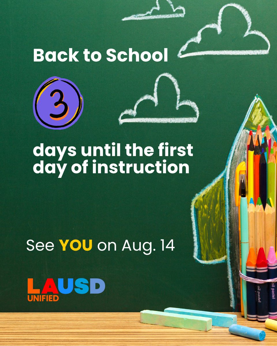 LASchools's tweet photo. Three days until the 2025-26 school year begins!
Practice school skills at home to keep those learning engines running. 🚀

Incorporate reading, writing, and light math into your child’s day — review key topics or play educational games to spark excitement for learning. 📚✨
#WelcomeBackLAUSD #InspiringGreatness